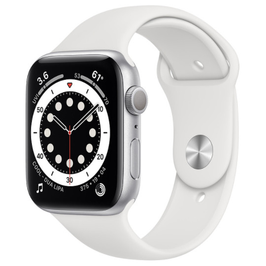 Carcasă din aluminiu argintiu GPS Apple Watch 6 de 44 mm cu. Bandă sport albă (M00D3) folosită